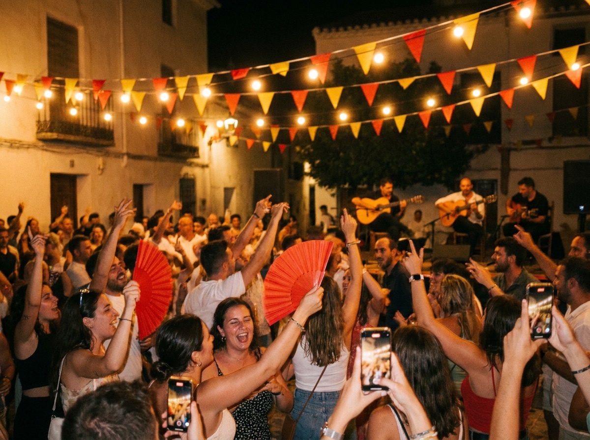 La piazza che balla di notte con ventagli rossi